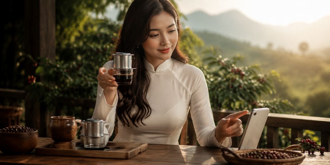 Người phụ nữ mặc áo dài tại Buôn Ma Thuột nhận thưởng VIP và kiểm tra tài khoản trên điện thoại