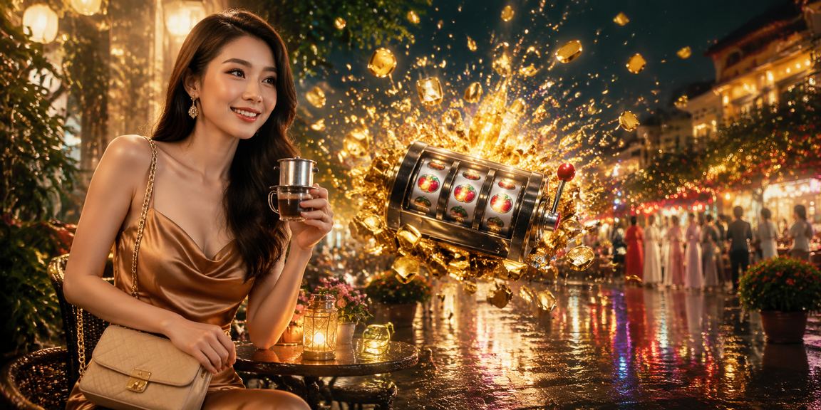 Người chơi tại Đà Lạt vừa uống cà phê vừa tham gia slot game và tích điểm VIP trên điện thoại