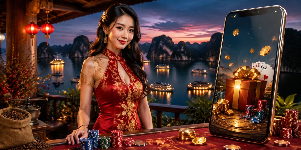 Người dùng Hạ Long uống cà phê và sử dụng app casino trên điện thoại xem khuyến mãi